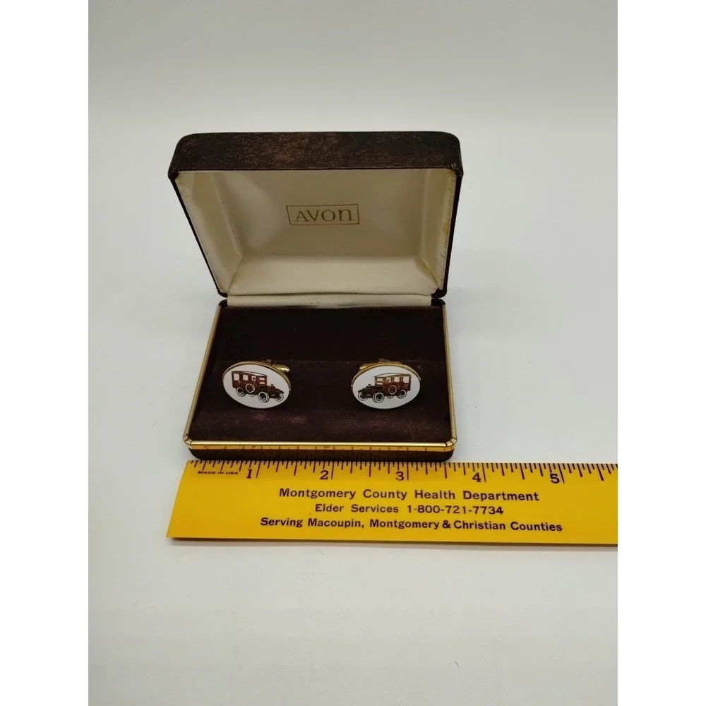 Avon Vintage Antique Car Station Wagon Cuff Links Gold Tone Original Box